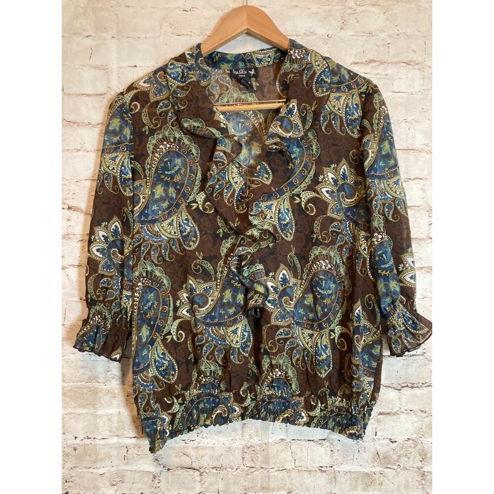 Ivy Chic Top Womens 1X Chocolate Brown Paisley Ruffle V Neck Plus Lightweight